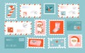 Vector illustration on the theme of congratulations merry christmas. set of stamps and envelopes with Christmas patterns Royalty Free Stock Photo
